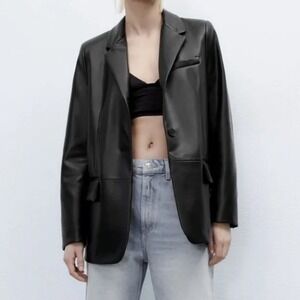 ZARA Oversized Faux Leather Blazer Jacket Black Womens Size XS‎